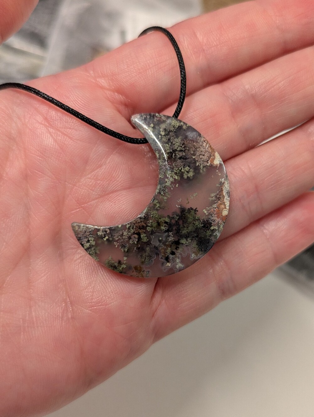 Crescent Moss Agate Pendant Necklace - Black Cord